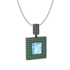Albera Kolye - Akuamarin ve kök zümrüt 925 ayar siyah rodyum kaplama gümüş kolye (40 cm gümüş rolo zincir) #d9ja84