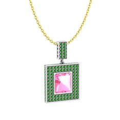 Pembe kuvars ve yeşil kuvars 925 ayar gümüş kolye (40 cm gümüş rolo zincir)