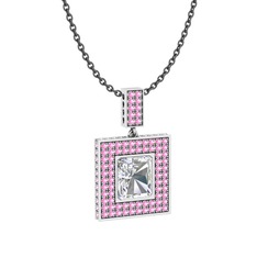 Swarovski ve pembe kuvars 18 ayar beyaz altın kolye (40 cm gümüş rolo zincir)