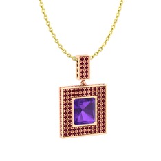 Ametist ve kök yakut 925 ayar rose altın kaplama gümüş kolye (40 cm altın rolo zincir)