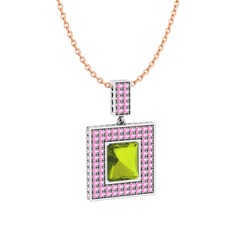 Peridot ve pembe kuvars 925 ayar gümüş kolye (40 cm rose altın rolo zincir)