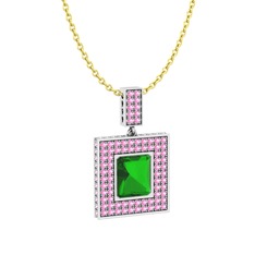 Yeşil kuvars ve pembe kuvars 18 ayar beyaz altın kolye (40 cm altın rolo zincir)