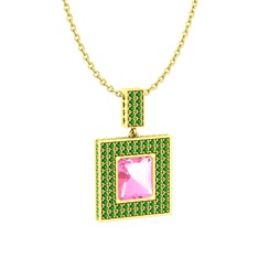 Pembe kuvars ve yeşil kuvars 8 ayar altın kolye (40 cm gümüş rolo zincir)