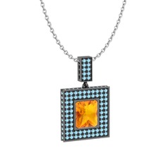 Albera Kolye - Sitrin ve akuamarin 925 ayar siyah rodyum kaplama gümüş kolye (40 cm beyaz altın rolo zincir) #f292yd