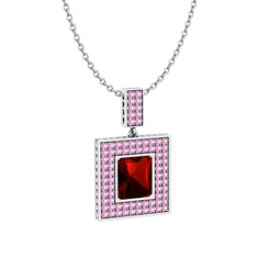 Albera Kolye - Garnet ve pembe kuvars 925 ayar gümüş kolye (40 cm beyaz altın rolo zincir) #fc4p26