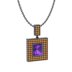 Ametist ve sitrin 925 ayar siyah rodyum kaplama gümüş kolye (40 cm gümüş rolo zincir)