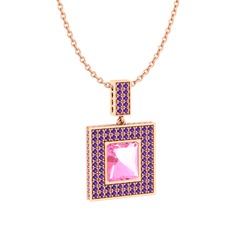 Albera Kolye - Pembe kuvars ve ametist 8 ayar rose altın kolye (40 cm rose altın rolo zincir) #fkh4lr