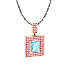 Akuamarin ve pembe kuvars 14 ayar rose altın kolye (40 cm gümüş rolo zincir)