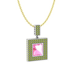 Albera Kolye - Pembe kuvars ve peridot 8 ayar beyaz altın kolye (40 cm altın rolo zincir) #h5g2ez