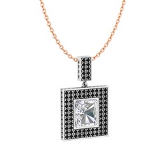 Albera Kolye - Swarovski ve siyah zirkon 8 ayar beyaz altın kolye (40 cm rose altın rolo zincir) #h6go8d