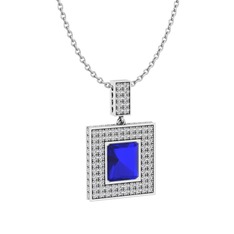 Albera Kolye - Lab safir ve beyaz zirkon 14 ayar beyaz altın kolye (40 cm gümüş rolo zincir) #i7dp7u