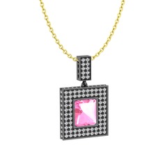 Pembe kuvars ve beyaz zirkon 925 ayar siyah rodyum kaplama gümüş kolye (40 cm gümüş rolo zincir)
