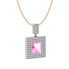 Pembe kuvars ve swarovski 925 ayar gümüş kolye (40 cm rose altın rolo zincir)