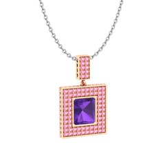 Albera Kolye - Ametist ve pembe kuvars 8 ayar rose altın kolye (40 cm beyaz altın rolo zincir) #l0ddup