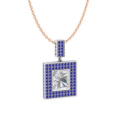 Swarovski ve lab safir 14 ayar beyaz altın kolye (40 cm rose altın rolo zincir)