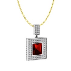 Garnet ve pırlanta 8 ayar beyaz altın kolye (2.808 karat, 40 cm altın rolo zincir)