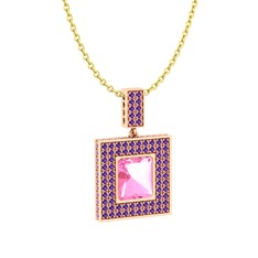 Albera Kolye - Pembe kuvars ve ametist 14 ayar rose altın kolye (40 cm altın rolo zincir) #mxzxse