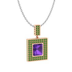 Ametist ve yeşil kuvars 925 ayar rose altın kaplama gümüş kolye (40 cm beyaz altın rolo zincir)