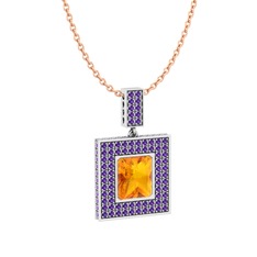 Albera Kolye - Sitrin ve ametist 8 ayar beyaz altın kolye (40 cm rose altın rolo zincir) #nbcd6