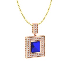 Lab safir ve beyaz zirkon 8 ayar rose altın kolye (40 cm altın rolo zincir)
