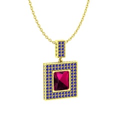 Rodolit garnet ve lab safir 14 ayar altın kolye (40 cm gümüş rolo zincir)