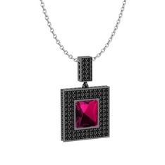 Albera Kolye - Rodolit garnet ve siyah zirkon 925 ayar siyah rodyum kaplama gümüş kolye (40 cm beyaz altın rolo zincir) #o387ep