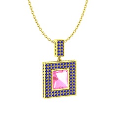 Pembe kuvars ve lab safir 18 ayar altın kolye (40 cm gümüş rolo zincir)