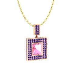 Pembe kuvars ve lab safir 8 ayar rose altın kolye (40 cm gümüş rolo zincir)