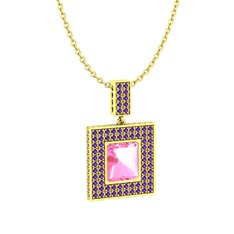 Albera Kolye - Pembe kuvars ve ametist 8 ayar altın kolye (40 cm altın rolo zincir) #ppuy65