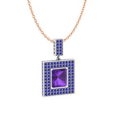 Ametist ve lab safir 8 ayar beyaz altın kolye (40 cm rose altın rolo zincir)