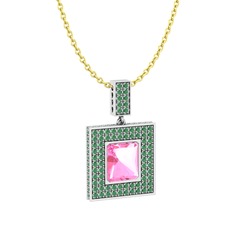 Albera Kolye - Pembe kuvars ve kök zümrüt 18 ayar beyaz altın kolye (40 cm altın rolo zincir) #rvy0w7