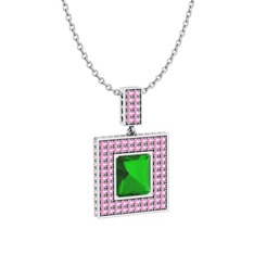 Albera Kolye - Yeşil kuvars ve pembe kuvars 14 ayar beyaz altın kolye (40 cm beyaz altın rolo zincir) #s21wkt