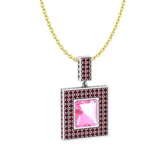 Pembe kuvars ve kök yakut 18 ayar beyaz altın kolye (40 cm altın rolo zincir)