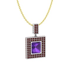 Ametist ve garnet 18 ayar beyaz altın kolye (40 cm altın rolo zincir)
