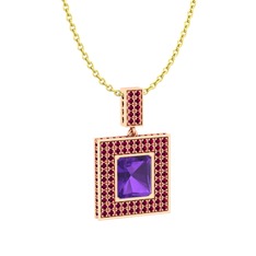 Ametist ve rodolit garnet 14 ayar rose altın kolye (40 cm gümüş rolo zincir)
