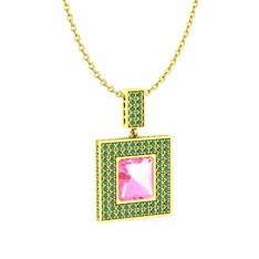 Albera Kolye - Pembe kuvars ve kök zümrüt 14 ayar altın kolye (40 cm gümüş rolo zincir) #ty4zuv
