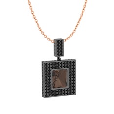 Albera Kolye - Dumanlı kuvars ve siyah zirkon 925 ayar siyah rodyum kaplama gümüş kolye (40 cm rose altın rolo zincir) #ucprxf