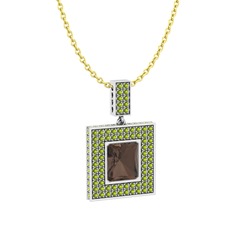Dumanlı kuvars ve peridot 18 ayar beyaz altın kolye (40 cm altın rolo zincir)