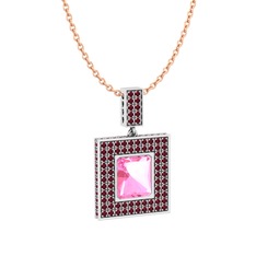 Pembe kuvars ve kök yakut 8 ayar beyaz altın kolye (40 cm rose altın rolo zincir)