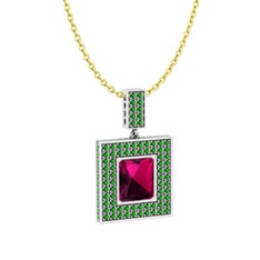 Albera Kolye - Rodolit garnet ve yeşil kuvars 8 ayar beyaz altın kolye (40 cm altın rolo zincir) #w8x8cl
