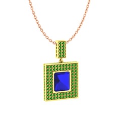 Lab safir ve yeşil kuvars 14 ayar altın kolye (40 cm rose altın rolo zincir)