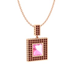 Pembe kuvars ve garnet 14 ayar rose altın kolye (40 cm rose altın rolo zincir)