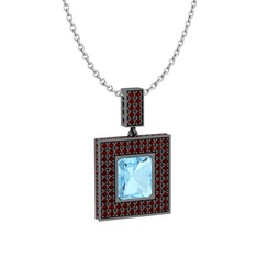 Albera Kolye - Akuamarin ve garnet 925 ayar siyah rodyum kaplama gümüş kolye (40 cm beyaz altın rolo zincir) #yysaic