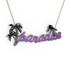 Paradise Kolye - Ametist 925 ayar siyah rodyum kaplama gümüş kolye (40 cm rose altın rolo zincir) #k9ob69