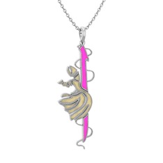 14 ayar beyaz altın kolye (Neon pembe mineli, 40 cm gümüş rolo zincir)
