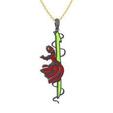 Semazen Elif Kolye - 925 ayar siyah rodyum kaplama gümüş kolye (Neon yeşil mineli, 40 cm altın rolo zincir) #t99bwp