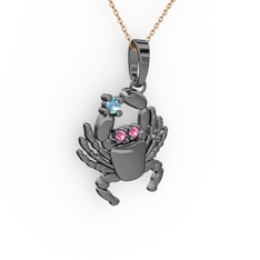 Yengeç Kolye - Akuamarin ve pembe kuvars 925 ayar siyah rodyum kaplama gümüş kolye (40 cm rose altın rolo zincir) #10drq3y