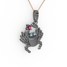 Yengeç Kolye - Rodolit garnet ve akuamarin 925 ayar siyah rodyum kaplama gümüş kolye (40 cm gümüş rolo zincir) #13mrbu2