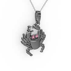 Yengeç Kolye - Swarovski ve pembe kuvars 925 ayar siyah rodyum kaplama gümüş kolye (40 cm gümüş rolo zincir) #147b7as