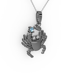 Yengeç Kolye - Akuamarin ve swarovski 925 ayar siyah rodyum kaplama gümüş kolye (40 cm beyaz altın rolo zincir) #14a7ahg